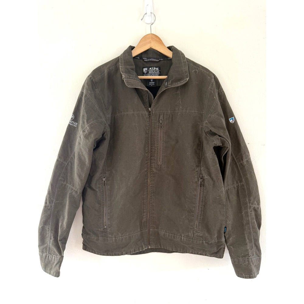 KUHL Mens Burr Jacket Olive Green Vintage Patina Dye Fleece Lined Workwear Med